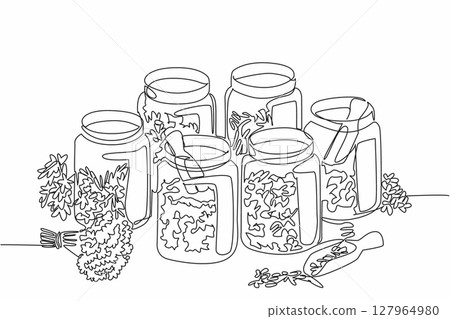 Single continuous line drawing 6 glass jars containing various herbs. Health preserving herbs. No chemicals. Vitamins. Supplements. Herbal. National Herb Day. One line design vector illustration Single continuous line drawing 6 glass jars containing various herbs. Health preserving herbs. No chemicals. Vitamins. Supplements. Herbal. National Herb Day. One line design vector illustration 127964980