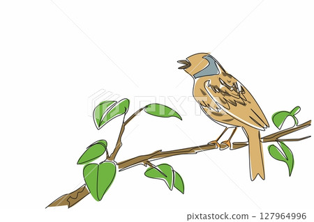 Continuous one line drawing dunnock bird perched on tree branch with leaves. Landed and chirped. The little one from Europe. International Dawn Chorus Day. Single line draw design vector illustration Continuous one line drawing dunnock bird perched on tree branch with leaves. Landed and chirped. The little one from Europe. International Dawn Chorus Day. Single line draw design vector illustration 127964996