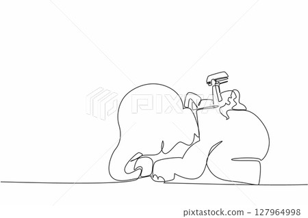 Single continuous line drawing girl reading a book on cute elephant lying down. Study while lying on the back. Education anywhere. Girl Reading Book at Animal Back. One line design vector illustration 127964998