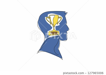Single continuous line drawing head of a man with a trophy in the middle of his head. Always think about being a champion. The ambitious. Inside the Head of Man. One line design vector illustration 127965006