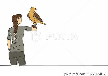 Single continuous line drawing white and beige falcon bird perched on hand of woman. A bird of prey that is reliable in all conditions. Claws. Woman Holding Bird. One line design vector illustration 127965007