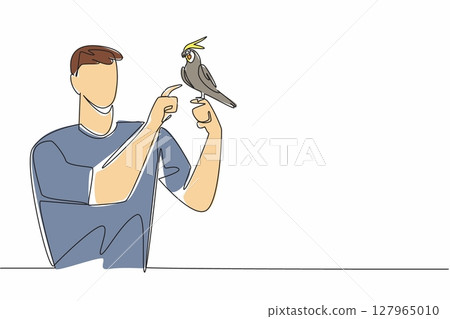 Continuous one line drawing grey cockatiel perched on hand of man. Beautiful bird with a tame and calm nature. The obedient little parrot. Man Holding Bird. Single line draw design vector illustration 127965010