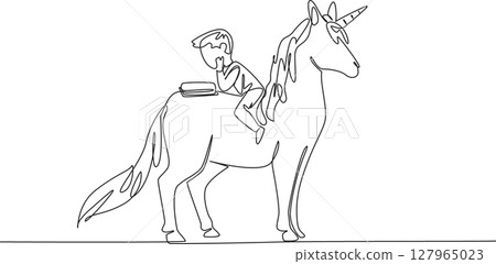 Single one line drawing boy reading book on cute unicorn. Get ease of learning. Can focus anywhere. Always read seriously. Boy Reading Book at Animal Back. Continuous line design graphic illustration 127965023