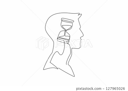 Single continuous line drawing the head of a young man with an hourglass in the middle of his head. Counting down to resign from work. Inside the Head of Man. One line design vector illustration 127965026