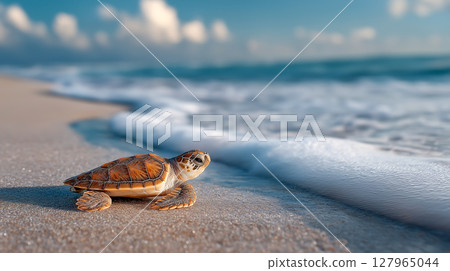 Baby turtle crawls across sandy beach 127965044