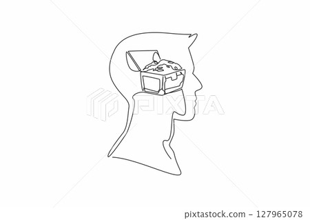 Continuous one line drawing head of man with treasure box and gold coins in the middle of head. Classic things for a better future. Inside the Head of Man. Single line draw design vector illustration 127965078