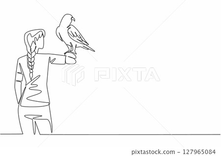Single continuous line drawing white and beige falcon bird perched on hand of woman. A bird of prey that is reliable in all conditions. Claws. Woman Holding Bird. One line design vector illustration 127965084