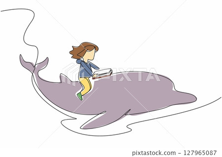 Single continuous line drawing girl reading book on cute dolphin swimming. Observing the smartest aquatic mammal from the book. Girl Reading Book at Animal Back. One line design vector illustration Single continuous line drawing girl reading book on cute dolphin swimming. Observing the smartest aquatic mammal from the book. Girl Reading Book at Animal Back. One line design vector illustration 127965087