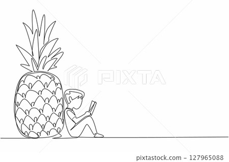 Single continuous line drawing boy reading next to big pineapple. Sit back to concentrate. Freshness in the afternoon. Boy Reading Book at Vegetables and Fruits. One line design vector illustration Single continuous line drawing boy reading next to big pineapple. Sit back to concentrate. Freshness in the afternoon. Boy Reading Book at Vegetables and Fruits. One line design vector illustration 127965088