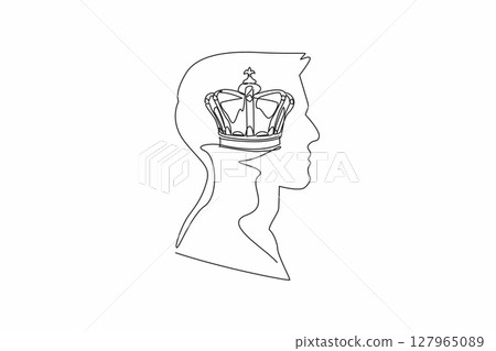Single continuous line drawing the head of a man with a royal crown in the middle of his head. Preparing the next generation of the kingdom. Inside the Head of Man. One line design vector illustration Single continuous line drawing the head of a man with a royal crown in the middle of his head. Preparing the next generation of the kingdom. Inside the Head of Man. One line design vector illustration 127965089