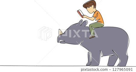 Continuous one line drawing boy reading book on cute rhinoceros. Read about one of the largest remaining megafauna. Nerd. Boy Reading Book at Animal Back. Single line draw design vector illustration 127965091