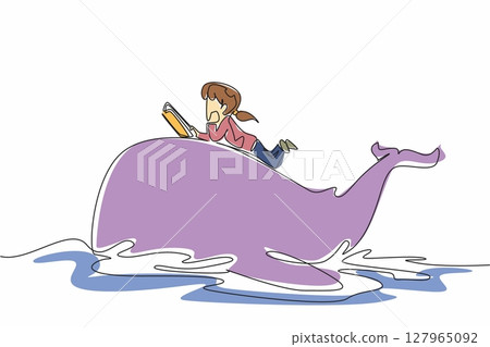 Continuous one line drawing the young girl reading book on cute whale swimming. Alone observing whale habits from books. Girl Reading Book at Animal Back. Single line draw design vector illustration Continuous one line drawing the young girl reading book on cute whale swimming. Alone observing whale habits from books. Girl Reading Book at Animal Back. Single line draw design vector illustration 127965092
