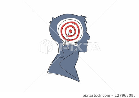 Single continuous line drawing head of a man with arrow target board in the middle of head. Focus on achieving success. Improve strategy. Inside the Head of Man. One line design vector illustration Single continuous line drawing head of a man with arrow target board in the middle of head. Focus on achieving success. Improve strategy. Inside the Head of Man. One line design vector illustration 127965093