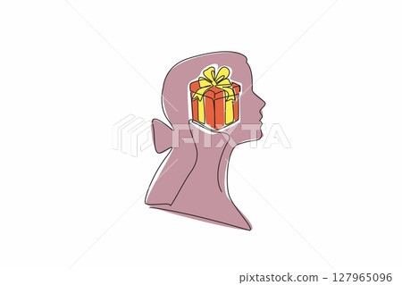 Single one line drawing head of woman with gift box in the middle of her head. Expect the most beautiful gift from the loved one. Inside the Head of Woman. Continuous line design graphic illustration 127965096