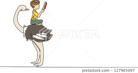 Single one line drawing boy reading book on cute ostrich. Sit cross legged and study seriously. Learn to be an observer. Boy Reading Book at Animal Back. Continuous line design graphic illustration 127965097