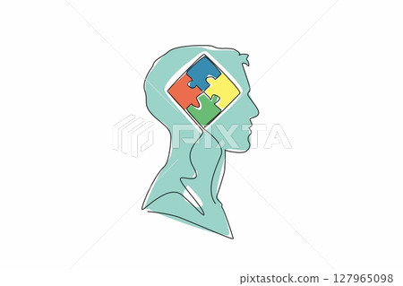 Single one line drawing head of man has puzzle in the middle of head. Collecting memories solves mysteries. Some pieces of memory. Inside the Head of Man. Continuous line design graphic illustration 127965098