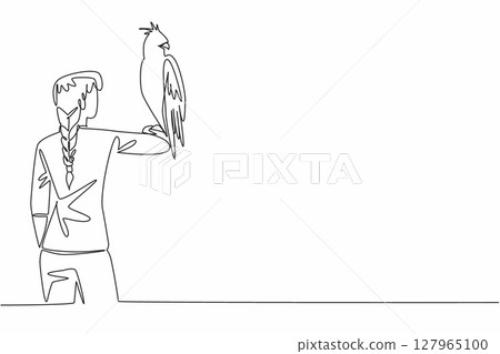 Single one line drawing changeable hawk eagle perched on hand of woman. It is not a good decision to keep a pet. Population decreasing. Woman Holding Bird. Continuous line design graphic illustration 127965100