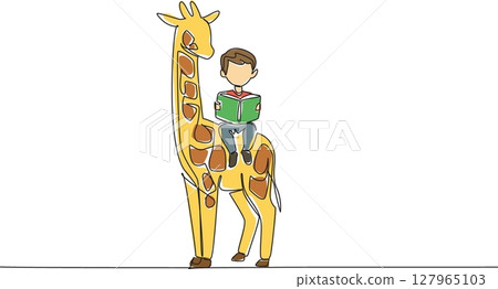 Continuous one line drawing the young boy reading book on cute giraffe. Learn about natural science directly from nature. Boy Reading Book at Animal Back. Single line draw design vector illustration Continuous one line drawing the young boy reading book on cute giraffe. Learn about natural science directly from nature. Boy Reading Book at Animal Back. Single line draw design vector illustration 127965103