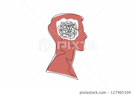 Continuous one line drawing the head of a man with a tangled wire in the middle of his head. Too many problems. Involute. Complex. Inside the Head of Man. Single line draw design vector illustration Continuous one line drawing the head of a man with a tangled wire in the middle of his head. Too many problems. Involute. Complex. Inside the Head of Man. Single line draw design vector illustration 127965104