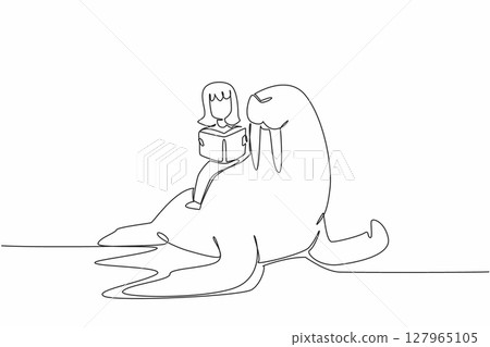 Single continuous line drawing girl reading book on cute walrus. Cultivate interest in reading. Achieve intelligence. The nerd. Girl Reading Book at Animal Back. One line design vector illustration 127965105