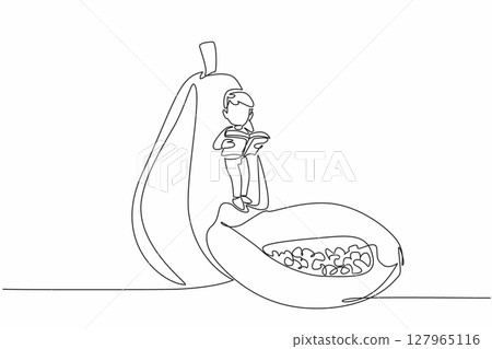 Single one line drawing boy reading while standing on partially cut papaya. Aspire to be a horticultural expert. Boy Reading Book at Vegetables and Fruits. Continuous line design graphic illustration Single one line drawing boy reading while standing on partially cut papaya. Aspire to be a horticultural expert. Boy Reading Book at Vegetables and Fruits. Continuous line design graphic illustration 127965116