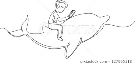 Single continuous line drawing boy reading book on cute dolphin swimming. Studying the intelligence of dolphins comes from. Nerd. Boy Reading Book at Animal Back. One line design vector illustration Single continuous line drawing boy reading book on cute dolphin swimming. Studying the intelligence of dolphins comes from. Nerd. Boy Reading Book at Animal Back. One line design vector illustration 127965118