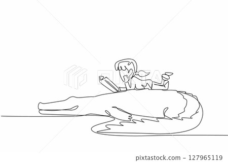 Continuous one line drawing girl reading book on cute crocodile. Lying on stomach reading book. Reading tips and tricks. Girl Reading Book at Animal Back. Single line draw design vector illustration Continuous one line drawing girl reading book on cute crocodile. Lying on stomach reading book. Reading tips and tricks. Girl Reading Book at Animal Back. Single line draw design vector illustration 127965119