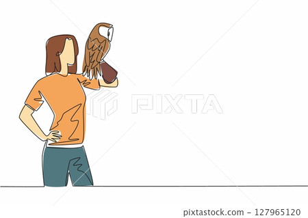 Single one line drawing tawny owl perched on hand of woman. Medium sized owl that lives in England. One of the favorite animals to keep. Woman Holding Bird. Continuous line design graphic illustration Single one line drawing tawny owl perched on hand of woman. Medium sized owl that lives in England. One of the favorite animals to keep. Woman Holding Bird. Continuous line design graphic illustration 127965120