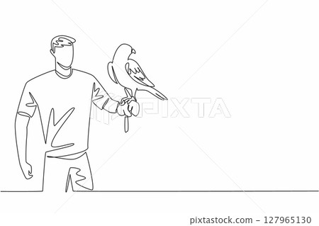 Single one line drawing white and beige falcon bird perched on hand of man. Bird of prey that has excellent flying and hunting abilities. Man Holding Bird. Continuous line design graphic illustration 127965130