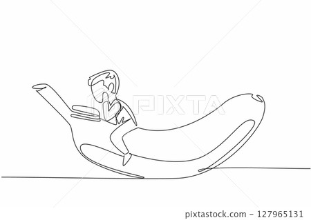 Single continuous line drawing young boy reading on banana. Learn the benefits of fruit for the body. Health conscious. Boy Reading Book at Vegetables and Fruits. One line design vector illustration Single continuous line drawing young boy reading on banana. Learn the benefits of fruit for the body. Health conscious. Boy Reading Book at Vegetables and Fruits. One line design vector illustration 127965131