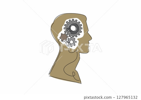 Single one line drawing the head of a man with a gear in the middle of his head. Resetting the brain. Trying to be more innovative. Inside the Head of Man. Continuous line design graphic illustration Single one line drawing the head of a man with a gear in the middle of his head. Resetting the brain. Trying to be more innovative. Inside the Head of Man. Continuous line design graphic illustration 127965132