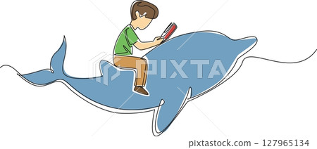 Single continuous line drawing boy reading book on cute dolphin swimming. Studying the intelligence of dolphins comes from. Nerd. Boy Reading Book at Animal Back. One line design vector illustration Single continuous line drawing boy reading book on cute dolphin swimming. Studying the intelligence of dolphins comes from. Nerd. Boy Reading Book at Animal Back. One line design vector illustration 127965134
