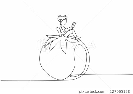 Continuous one line drawing young boy reading on tomato. Read seriously. Looking for additional knowledge. Nerd. Boy Reading Book at Vegetables and Fruits. Single line draw design vector illustration Continuous one line drawing young boy reading on tomato. Read seriously. Looking for additional knowledge. Nerd. Boy Reading Book at Vegetables and Fruits. Single line draw design vector illustration 127965138