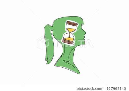 Single one line drawing the head of a woman with an hourglass in the middle of her head. Considering the love proposal that came. Inside the Head of Woman. Continuous line design graphic illustration 127965140