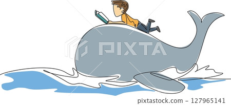 Continuous one line drawing the boy reading book on cute whale swimming. Learning the philosophy of whale life from books. Boy Reading Book at Animal Back. Single line draw design vector illustration Continuous one line drawing the boy reading book on cute whale swimming. Learning the philosophy of whale life from books. Boy Reading Book at Animal Back. Single line draw design vector illustration 127965141