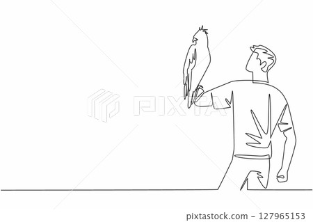 Continuous one line drawing changeable hawk eagle perched on hand of man. Spizaetus Cirrhatus. Agile forest dwelling predator. Claws. Man Holding Bird. Single line draw design vector illustration 127965153
