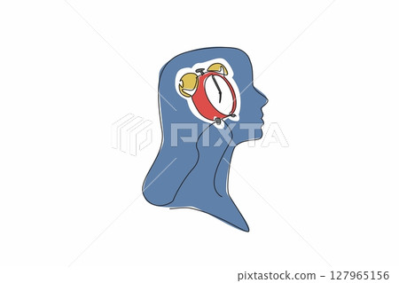 Single continuous line drawing the head of a young woman has an alarm clock in the middle of her head. Work done. Waiting for home time. Inside the Head of Woman. One line design vector illustration Single continuous line drawing the head of a young woman has an alarm clock in the middle of her head. Work done. Waiting for home time. Inside the Head of Woman. One line design vector illustration 127965156