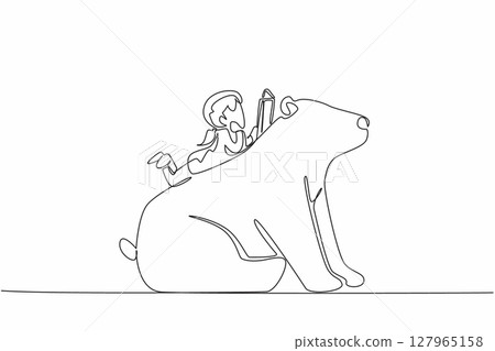 Single continuous line drawing girl reading book on cute polar bear. Lying on stomach reading a book. Reading fiction. The nerd. Girl Reading Book at Animal Back. One line design vector illustration 127965158