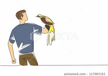 Single continuous line drawing bird of paradise perched on hand of man. Admiring the beauty of its feathers up close. Fascinated. Eye catching. Man Holding Bird. One line design vector illustration Single continuous line drawing bird of paradise perched on hand of man. Admiring the beauty of its feathers up close. Fascinated. Eye catching. Man Holding Bird. One line design vector illustration 127965161