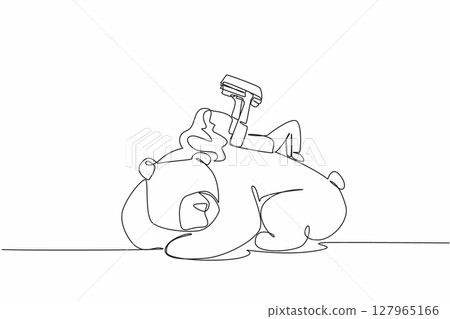 Continuous one line drawing the young girl reading book on cute bear. Opposite conditions. The diligent and the lazy. Girl Reading Book at Animal Back. Single line draw design vector illustration Continuous one line drawing the young girl reading book on cute bear. Opposite conditions. The diligent and the lazy. Girl Reading Book at Animal Back. Single line draw design vector illustration 127965166