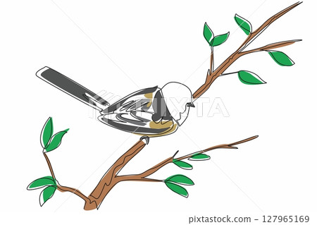 Continuous one line drawing long tailed tit perched on a tree branch. The smallest and cutest bird in Europe. The songbird. International Dawn Chorus Day. Single line draw design vector illustration 127965169