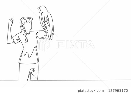 Continuous one line drawing black chested buzzard eagle perched on hand of woman. This bird was born as a predator with wide wings. Woman Holding Bird. Single line draw design vector illustration 127965170