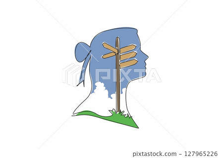 Single continuous line drawing the head of woman has lightbulb in the middle of her head. Confused by the many choices. Looking for clues, Inside the Head of Woman. One line design vector illustration 127965226