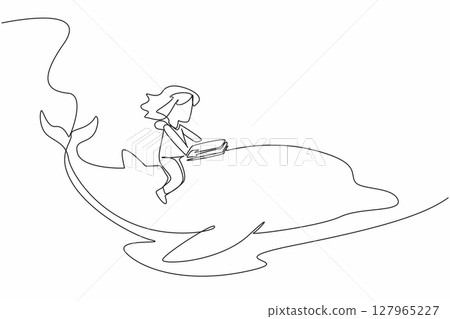 Single continuous line drawing girl reading book on cute dolphin swimming. Observing the smartest aquatic mammal from the book. Girl Reading Book at Animal Back. One line design vector illustration 127965227