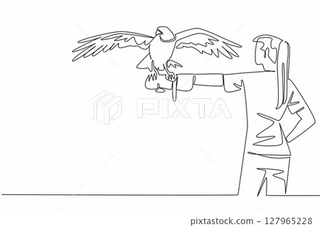 Single one line drawing peregrine falcon perched on hand of woman. The fastest animal in the world while chasing its prey. Strong claws. Woman Holding Bird. Continuous line design graphic illustration 127965228