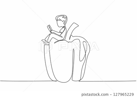 Single continuous line drawing boy reading on peppers. Learn the theory of how to become a profitable paprika farmer. Boy Reading Book at Vegetables and Fruits. One line design vector illustration 127965229