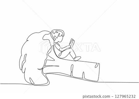 Single continuous line drawing boy reading on broccoli. Studying agricultural science from an early age. Eager to learn. Boy Reading Book at Vegetables and Fruits. One line design vector illustration Single continuous line drawing boy reading on broccoli. Studying agricultural science from an early age. Eager to learn. Boy Reading Book at Vegetables and Fruits. One line design vector illustration 127965232