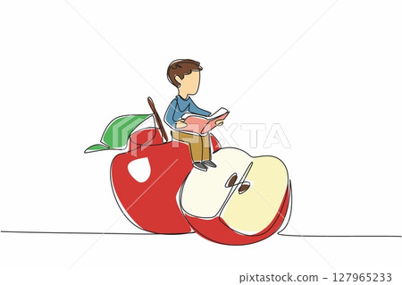 Single continuous line drawing young boy reading on apple. Sit back and read about the many benefits of apples. Nerd. Boy Reading Book at Vegetables and Fruits. One line design vector illustration 127965233