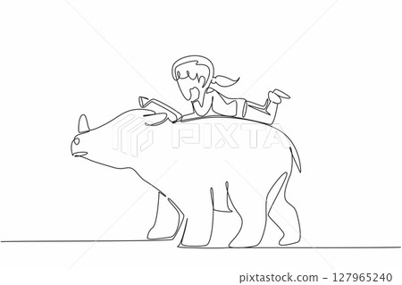 Continuous one line drawing girl reading book on cute rhinoceros. Reading about the benefits of rhinos to nature. Nerd. Girl Reading Book at Animal Back. Single line draw design vector illustration Continuous one line drawing girl reading book on cute rhinoceros. Reading about the benefits of rhinos to nature. Nerd. Girl Reading Book at Animal Back. Single line draw design vector illustration 127965240