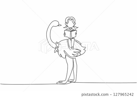 Single continuous line drawing young girl reading book on cute ostrich. Read about the uniqueness and specialness of ostriches. Girl Reading Book at Animal Back. One line design vector illustration Single continuous line drawing young girl reading book on cute ostrich. Read about the uniqueness and specialness of ostriches. Girl Reading Book at Animal Back. One line design vector illustration 127965242